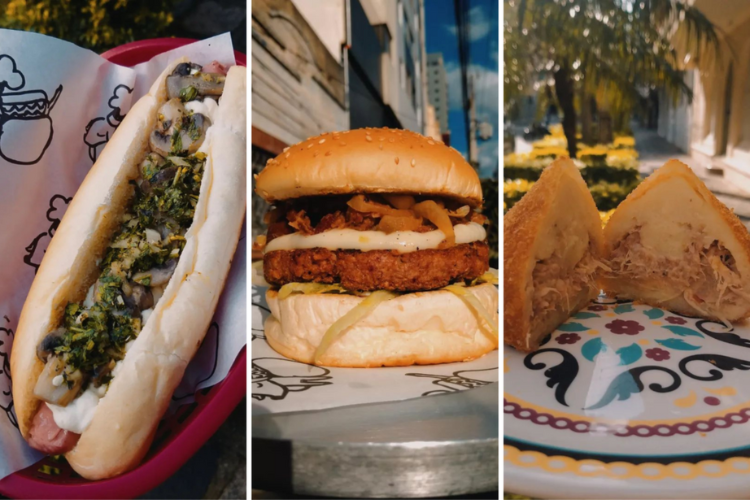 Lanches veganos: um cachorro quente, um hambúrguer e uma coxinha.